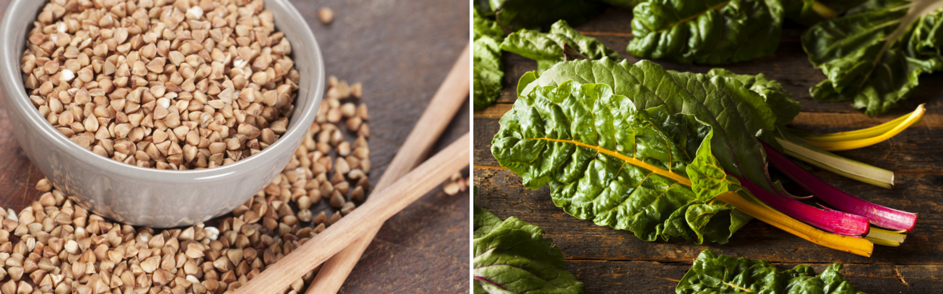 Buckwheat groats fill a gray bowl with some scattered on a wooden surface beside chopsticks. Fresh Swiss chard leaves with vibrant stems lie on a rustic table.