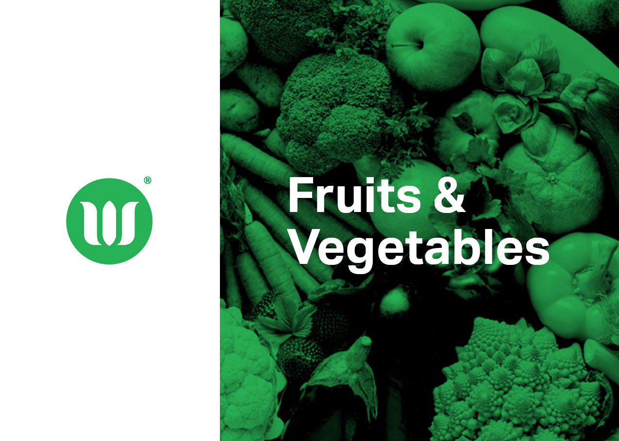 Green logo featuring a stylized “W” on the left, while fruits and vegetables like apples, broccoli, and carrots form a background on the right, with the text “Fruits & Vegetables.”