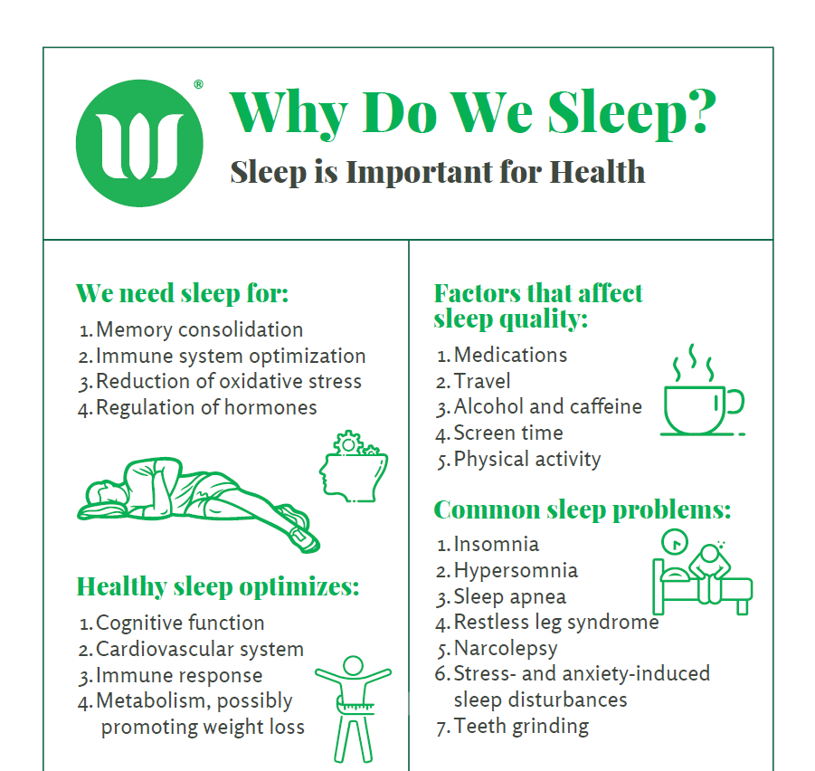 Chart titled "Why Do We Sleep? Sleep is Important for Health." Lists reasons for sleep, optimizations, affecting factors, and common problems. Illustrates sleeping person, head with gears, coffee, and sleeping figure.