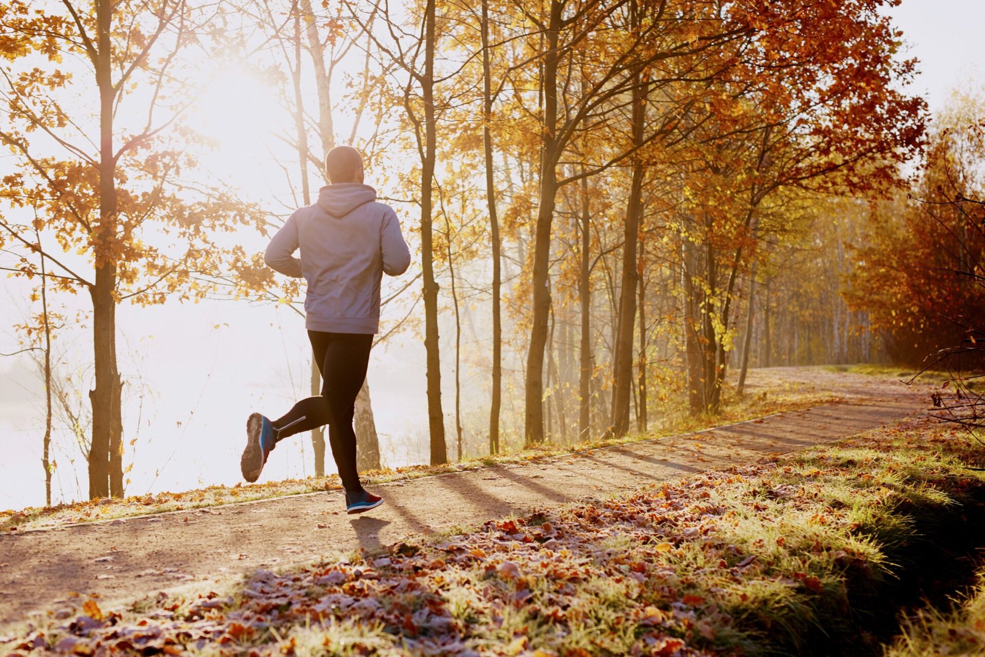 A person jogs along a leaf-covered dirt path in a forest, surrounded by trees with autumn foliage. Sunlight streams through the branches, casting long shadows on the ground.