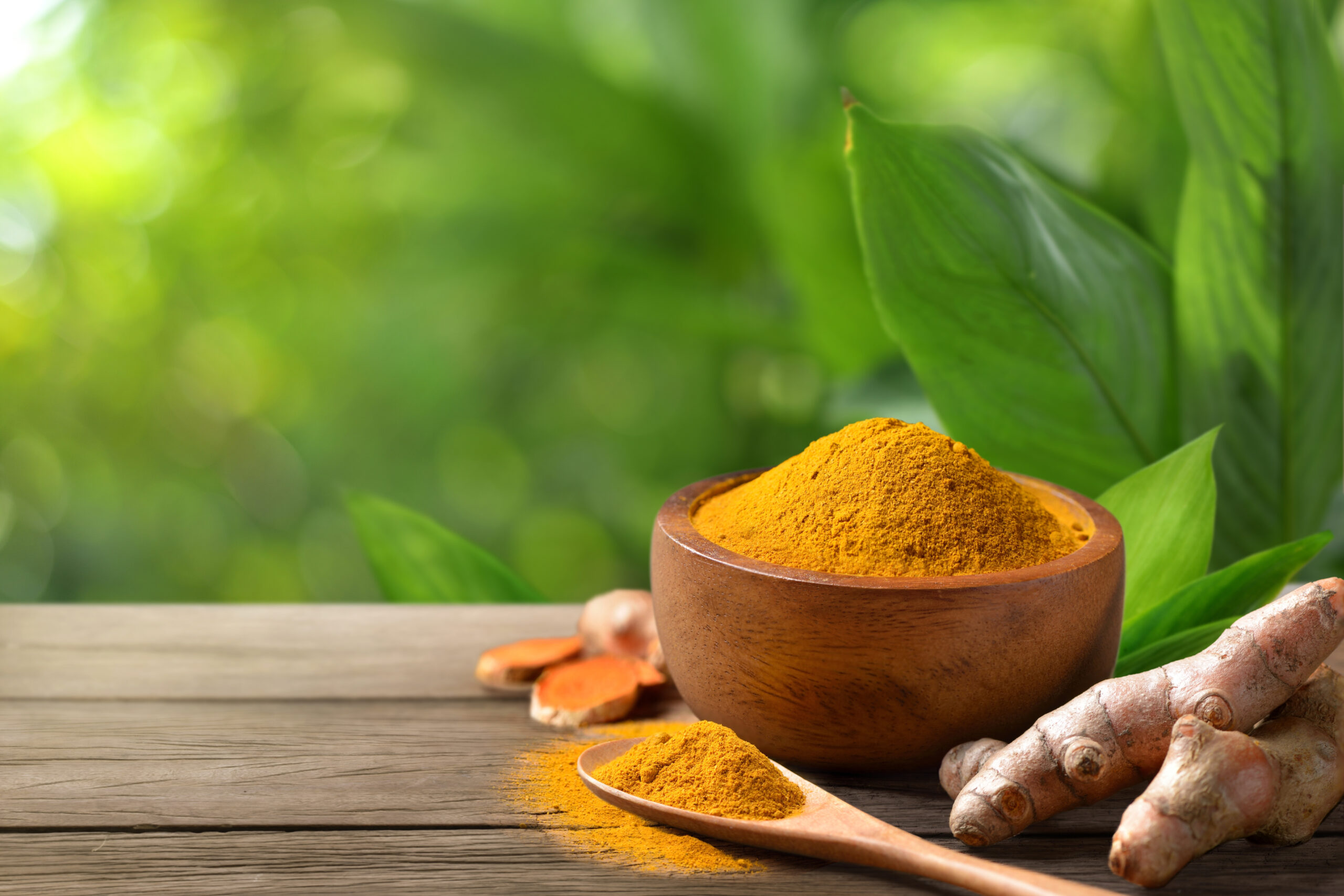 A wooden bowl filled with yellow turmeric powder sits on a wooden surface, accompanied by turmeric roots and a spoon, set against a lush green leafy background.